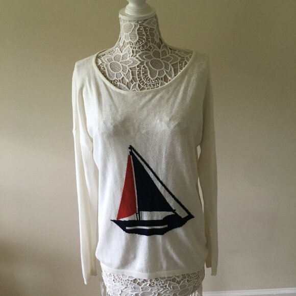 Sailboat Slouch Off Shoulder White Red Sweater - Picture 1 of 6